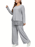 2 Piece Plus Size Women Outfits: Irregular Tassel Long Sleeves Shirt and Elastic Wide Leg Pants Set for Streetwear Lady T Fashions