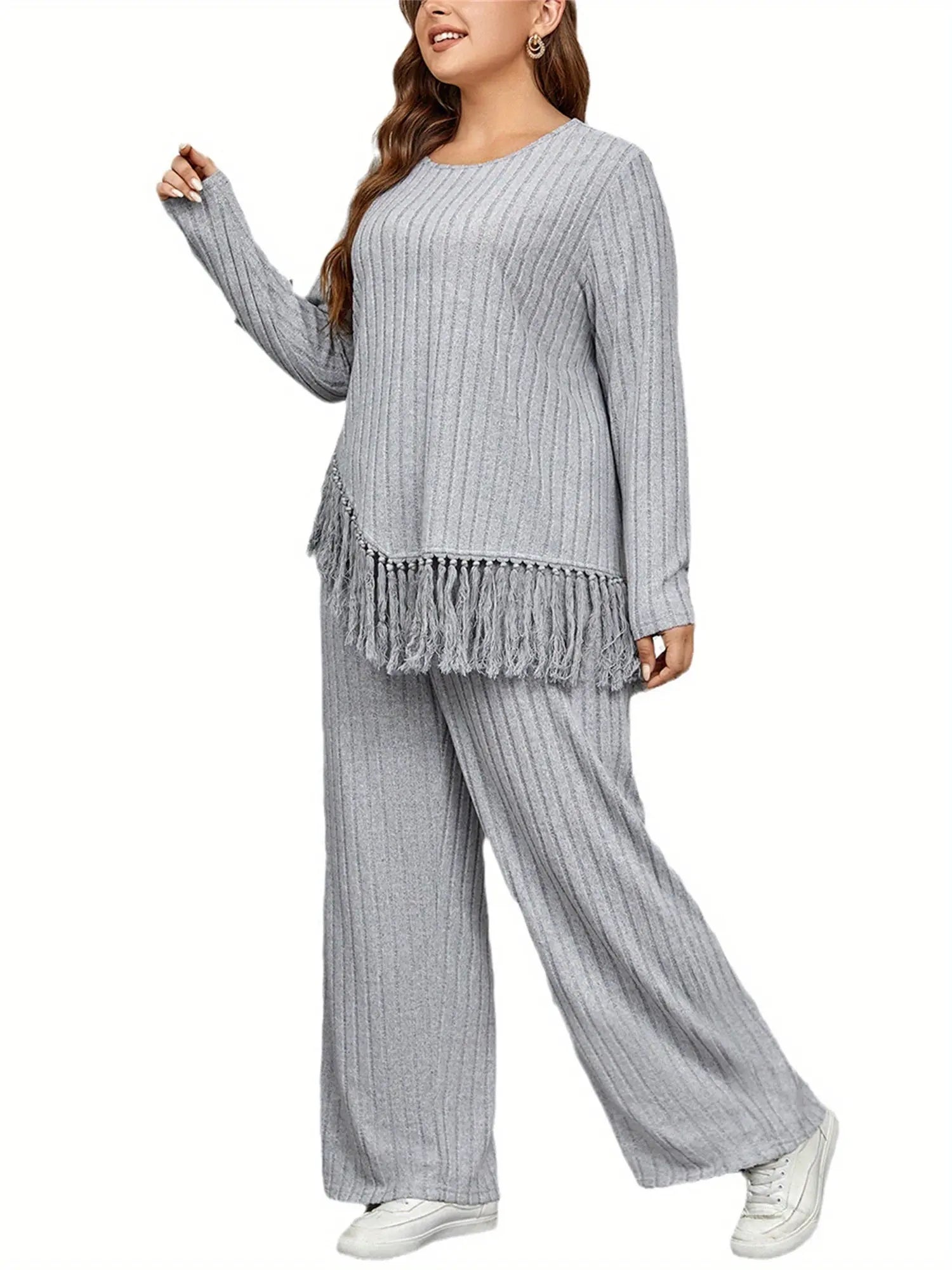 2 Piece Plus Size Women Outfits: Irregular Tassel Long Sleeves Shirt and Elastic Wide Leg Pants Set for Streetwear Lady T Fashions