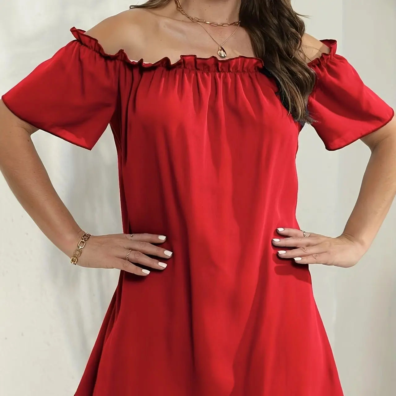 Ladies' Fashion Off Shoulder Ruffle Solid Color Decorative One Shoulder Casual Dress Lady T Fashions