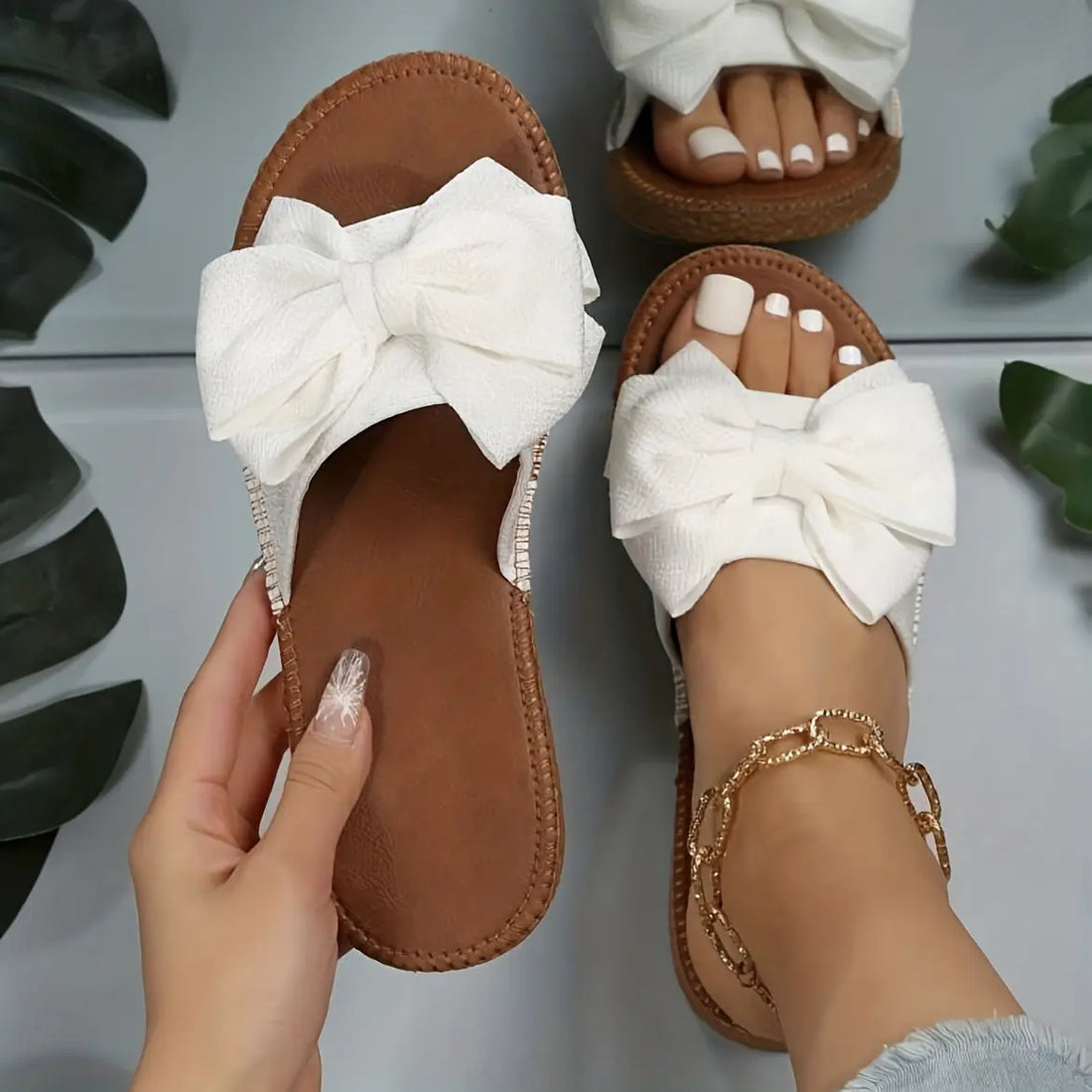 Women's Bowknot Design Flat Sandals, Slip On Open Toe Non-slip Summer Slides Shoes, Comfy Beach Shoes Lady T Fashions