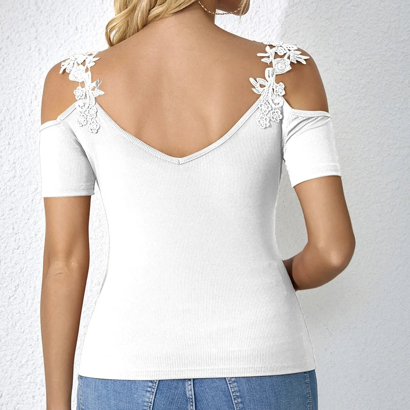 Ladies' Light V-neck Fashionable Casual Solid Color Lace Patchwork T-shirt Top Lady T Fashions