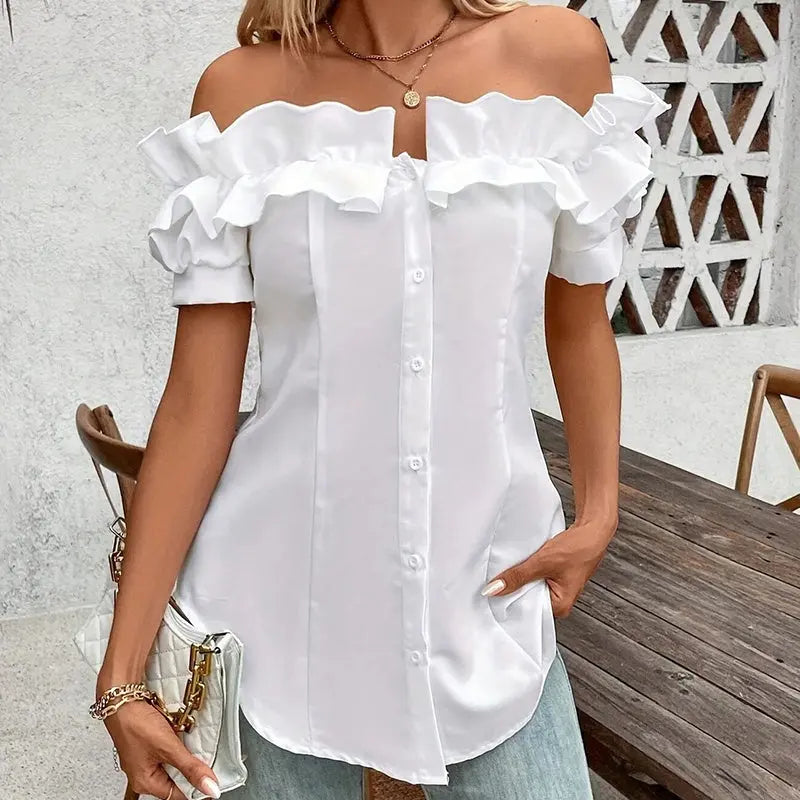 Women's Solid Color Off-Shoulder Ruffled Blouse - Waist Button-Down Shirt For Vacation & Daily Wear Lady T Fashions