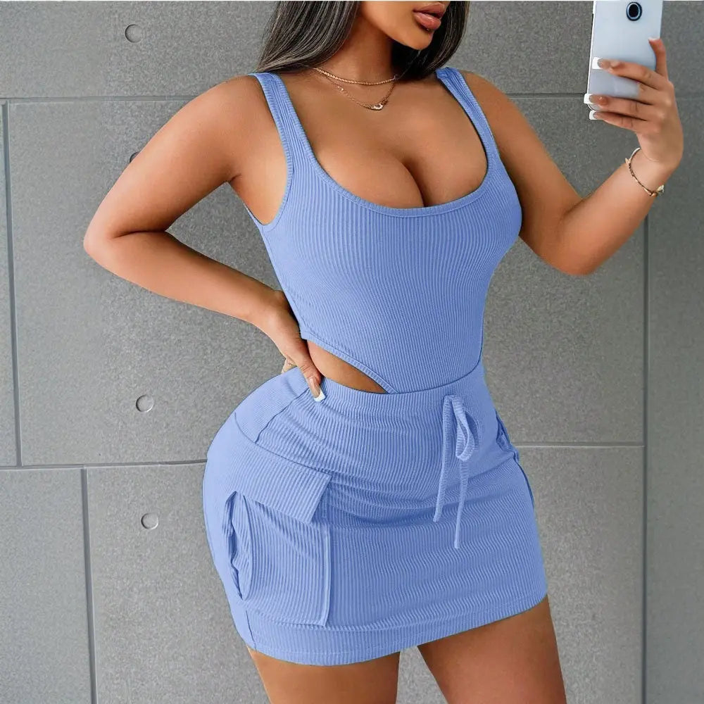 Women's Suits Summer Square Neck Suspender Jumpsuit And Slim Skirt Lady T Fashions