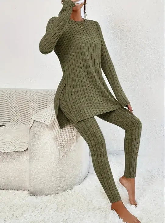 Fashion Casual Long Sleeve Split Irregular Round-neck Shirt Trousers Suit Lady T Fashions