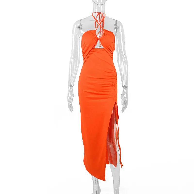 Sexy Halterneck Lace-up Split Dress Summer Y2K Fashion Party Baech Long Dresses For Womens Clotjing Lady T Fashions