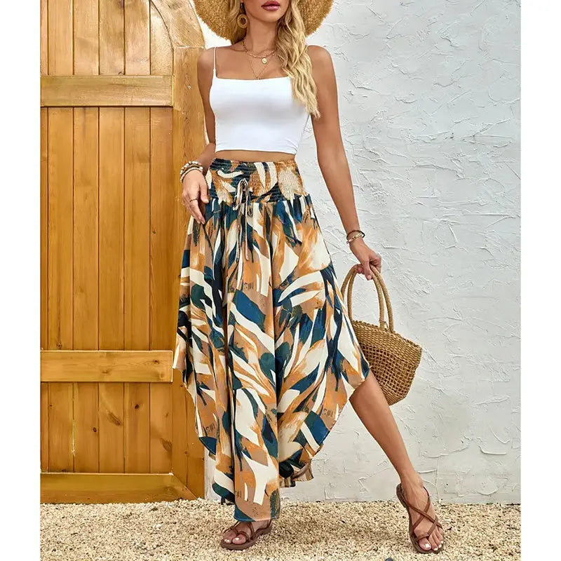 Women's High Elastic Waist Midi Skirt Casual Summer Trendy Tie Front Flowy Floral Print Beach Long Skirt Lady T Fashions