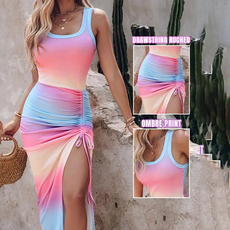 Women's Summer Sexy Sleeveless Side Split Drawstring Bodycon Ruched Tank Dress Lady T Fashions