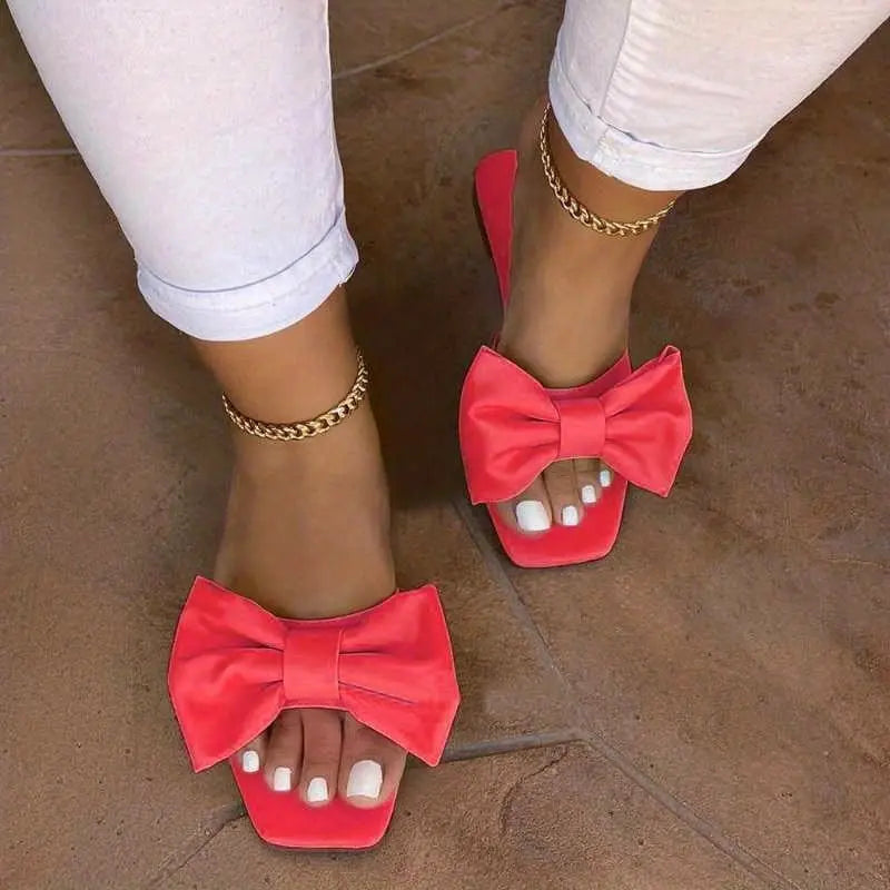 [Versatile Slippers] Versatile Non Slip Women's Bowknot Flat Slippers | Solid Color Square Open Toe Indoor & Outdoor Slides Shoes Lady T Fashions