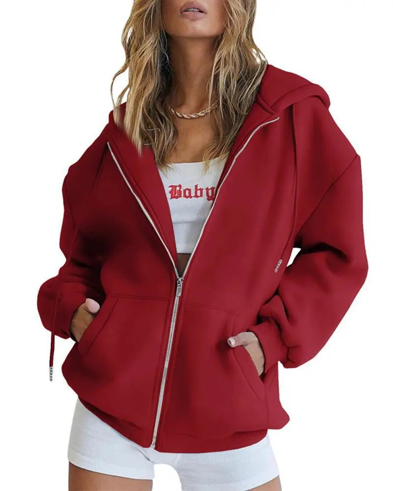 Women's Fashion Casual Solid Color Drawstring Zipper Hooded Sweatshirt Lady T Fashions
