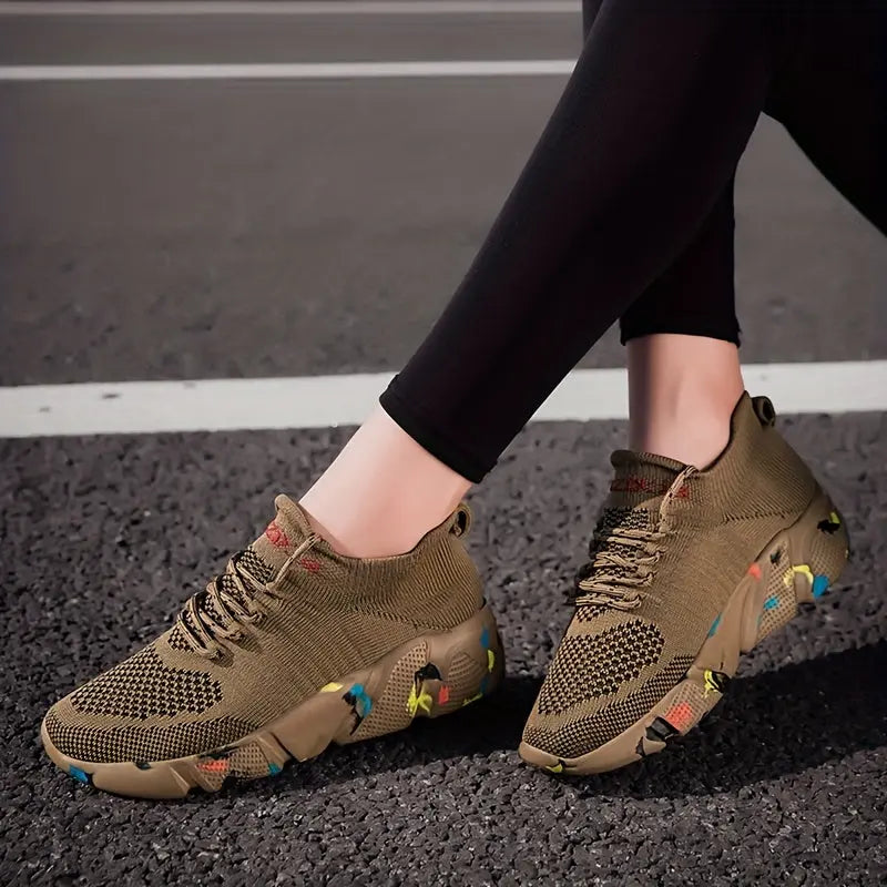 Women's Breathable Flying Woven Sneakers, Casual Lace Up Outdoor Shoes, Lightweight Low Top Trainers Lady T Fashions