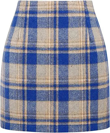 Women's High Waist Plaid Tight Pencil Wool Mini Skirt Lady T Fashions