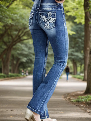 Women's Versatile And Fashionable Stretch Denim Bell Bottoms, Retro Street Style, Comfortable Embroidered Casual Jeans, Suitable For Daily Wear Lady T Fashions