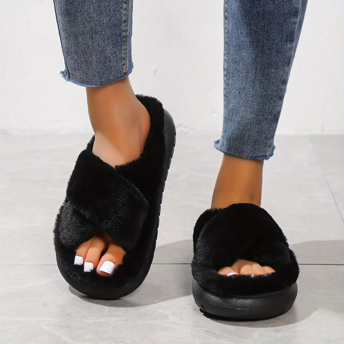 Women's Platform Fuzzy House Slippers, Open Toe Criss Cross Solid Color Casual Home Slides, Women's Indoor Flat Comfy Shoes Lady T Fashions