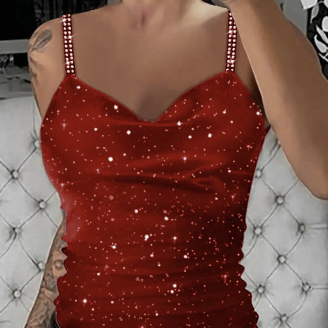 Ladies' Rhinestone Embellished Lace Up New Shoulder Strap Sequin Fashion Sexy Camisole Vest Lady T Fashions