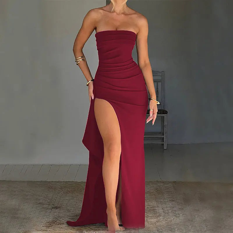 Strapless Split Long Dress Summer Fashion Pleated Bridesmaid Dress For Womens Party Wedding Clothing Lady T Fashions