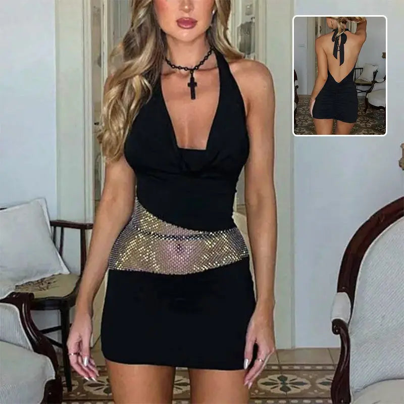 Sexy Slim Deep U-neck Dress With Sequin Mesh Patchwork Design Ins Fashion Halter Short Dresses Women's Clothing Lady T Fashions