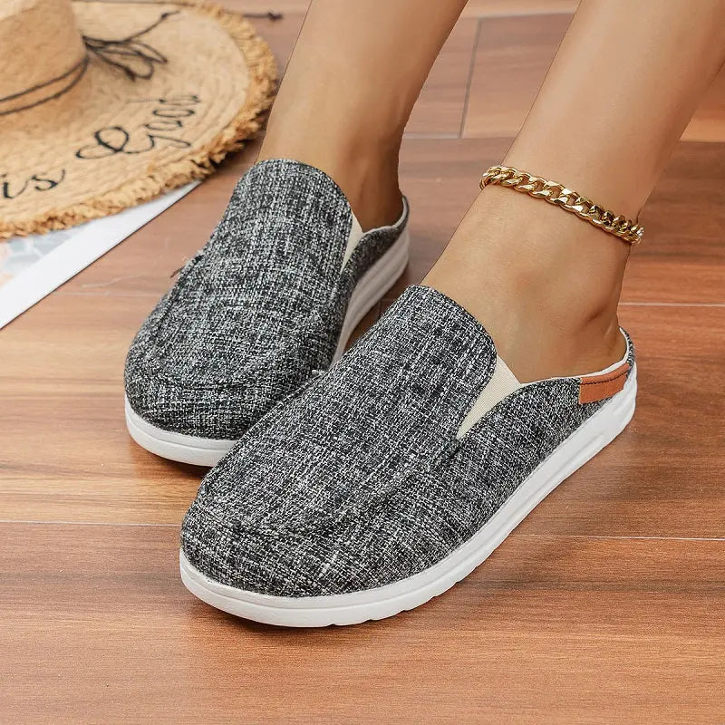 Women's Slip On Flat Loafers, Lightweight Round Toe Canvas Shoes, Casual Low Top Mules Lady T Fashions