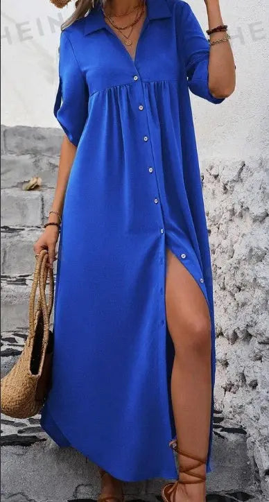 Women's Solid Color Roll-Up Sleeve Long Shirt Dress With Front Buttons, Holiday Leisure Style Lady T Fashions