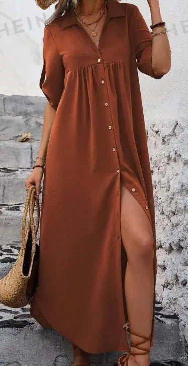 Women's Solid Color Roll-Up Sleeve Long Shirt Dress With Front Buttons, Holiday Leisure Style Lady T Fashions