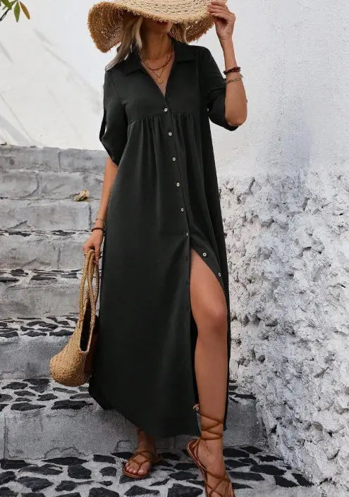 Women's Solid Color Roll-Up Sleeve Long Shirt Dress With Front Buttons, Holiday Leisure Style Lady T Fashions