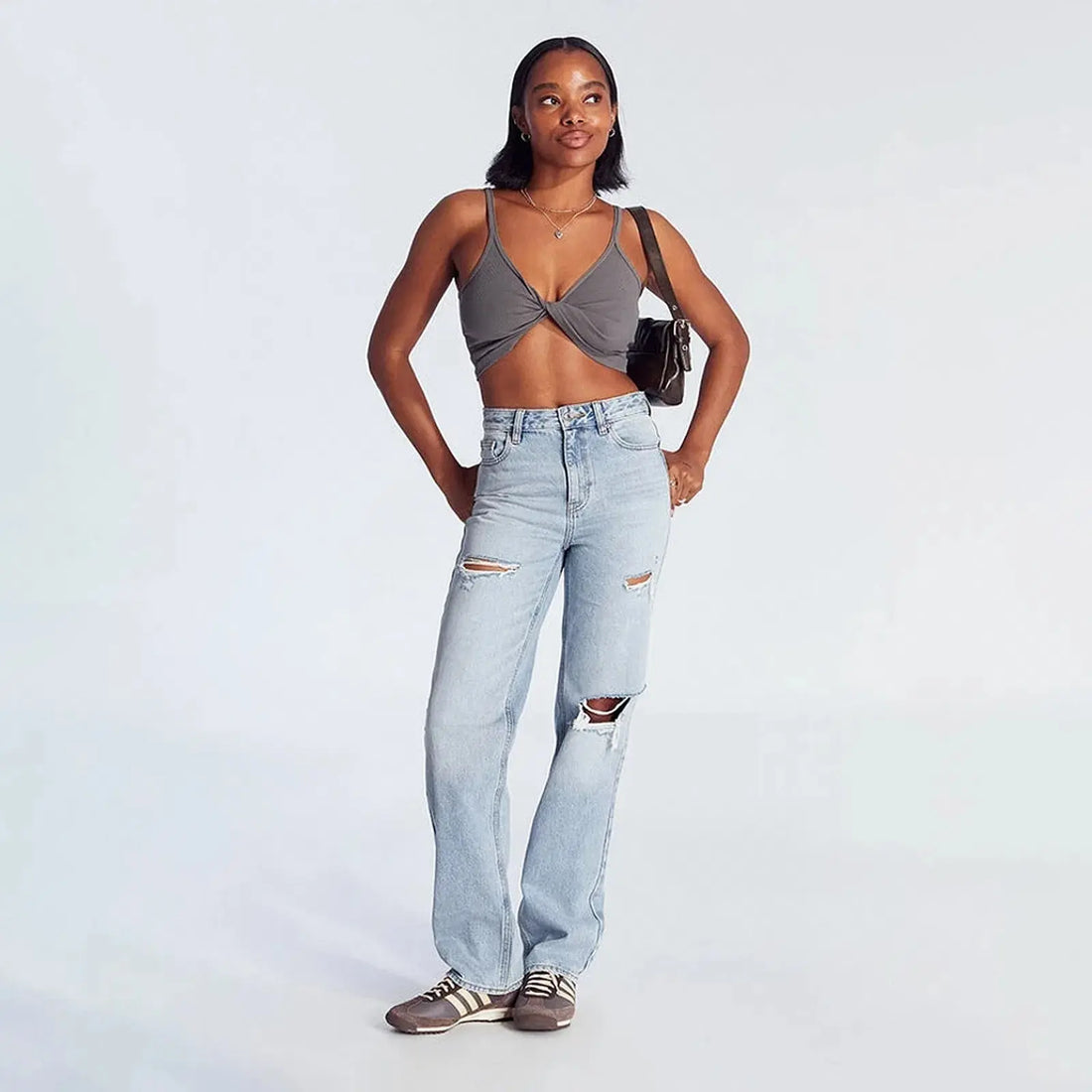 High Waist Ripped Straight Leg Jeans For Women Light Wash Casual Distressed Denim Pants With Knee Cut And Relaxed Fit Straight Leg Jeans Bottom Basic Baggy Jeans Lady T Fashions