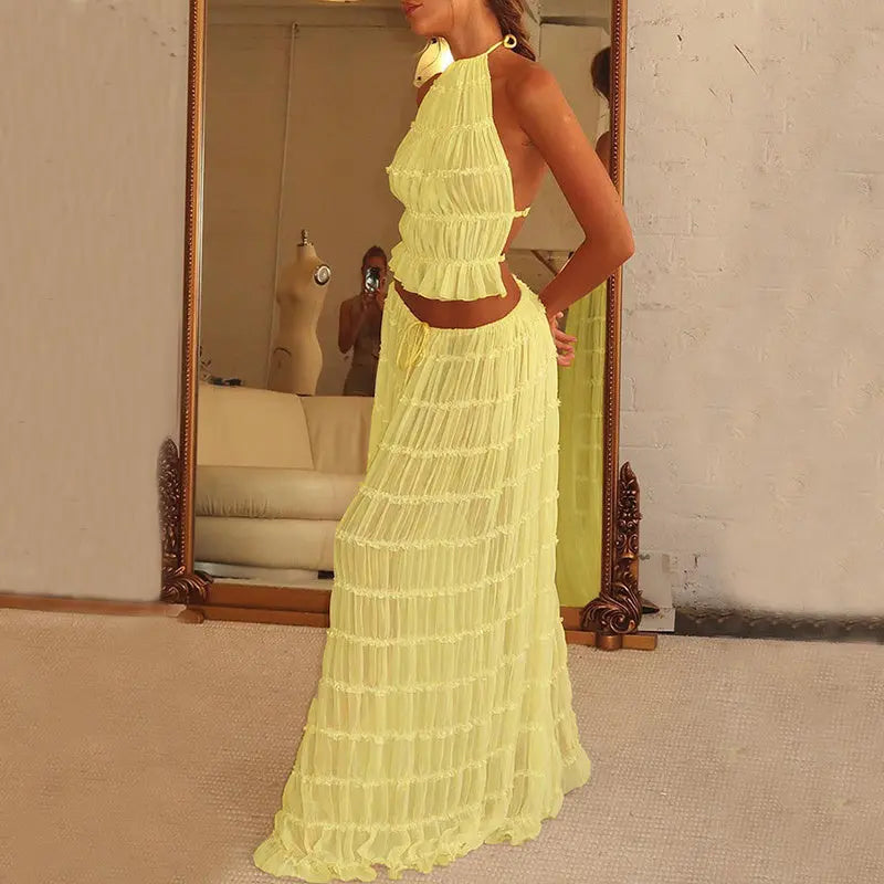 2pcs Women's Dress Suit Sexy Sleeveless Backless Cropped Halter Top And Pleated Long Skirt Beach Clothing Lady T Fashions