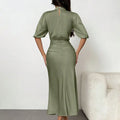 Women's Short Sleeve Mock Neck Ruched Midi Dress Slim Fit Elegant Party Dress Lady T Fashions