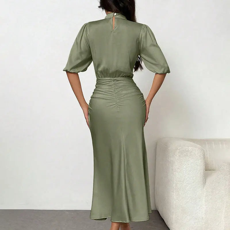 Women's Short Sleeve Mock Neck Ruched Midi Dress Slim Fit Elegant Party Dress Lady T Fashions