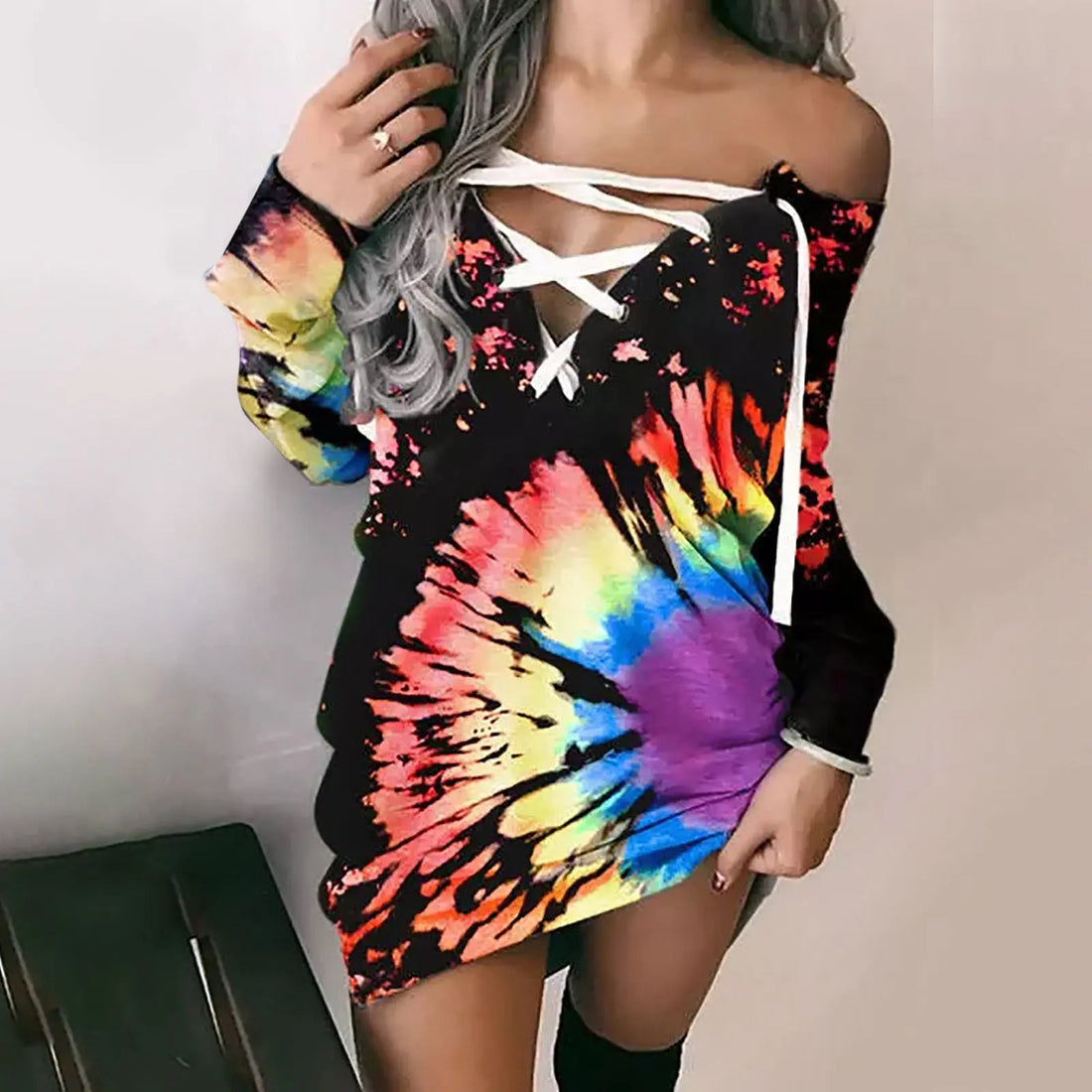 Women's Printed Off-shoulder Corns Lace-up Long Sleeve Top Lady T Fashions