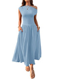 Slant Shoulder Sexy Waist Trimming Long With Pocket Dress Lady T Fashions