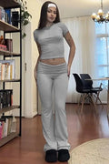 Casual Solid Color Slim Fit Two-piece Pants Set, Short Sleeved Round Neck T-shirt And Tight Flared Pants Sports Pants Clothing, Women's Clothing Lady T Fashions