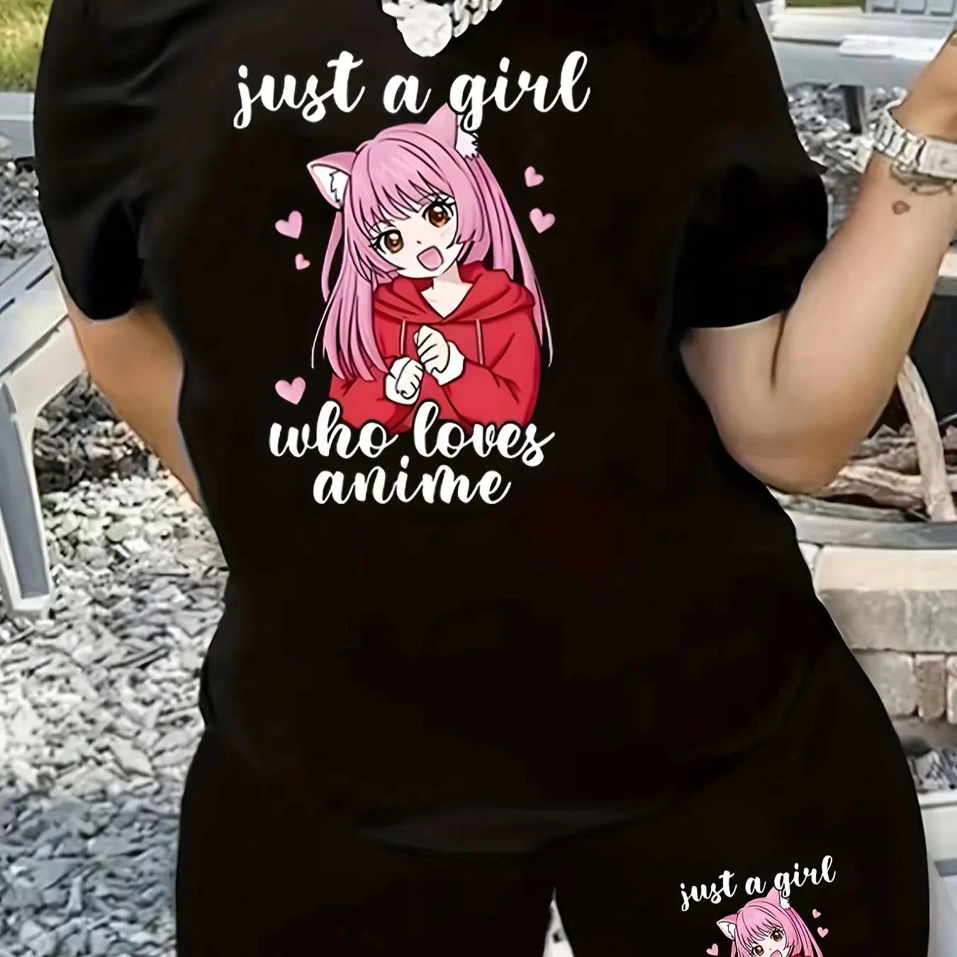 Plus Size Anime Print Two-piece Set - Stylish Crew Neck, Comfortable Short Sleeves, Adorable Top and Shorts Outfits for a Complete Look - Designed for Plus Size Women, High-Quality Womens Clothing Lady T Fashions