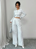 Spring And Autumn Long-sleeve Short-pants Suit, Tweed Short Jacket With Pearl Buttons, Elegant Round Neck Pearl Button Textured Jacket And Long Pants, Suitable For Commuting, Leisure, Dating, And Vaca Lady T Fashions