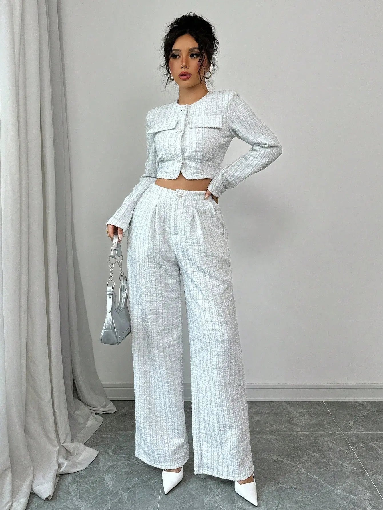 Spring And Autumn Long-sleeve Short-pants Suit, Tweed Short Jacket With Pearl Buttons, Elegant Round Neck Pearl Button Textured Jacket And Long Pants, Suitable For Commuting, Leisure, Dating, And Vaca Lady T Fashions