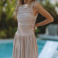 Womens Sleeveless Maxi Long Dress Summer Crew Neck Ruched Pleated Flowy Dress Lady T Fashions