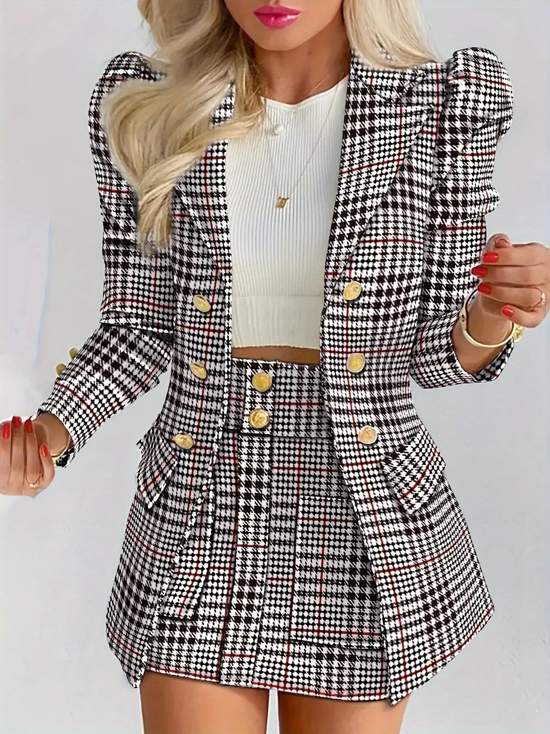Ladies Fashion Casual Slim Suit Two-piece Plus-size Suit, Plaid Pattern Elegant Skirt Suit With Buttons, Lapel Long Sleeve Suit Jacket And High Waist Skirt, Plus-size Women'S Wear Amazon Don't Sell Lady T Fashions