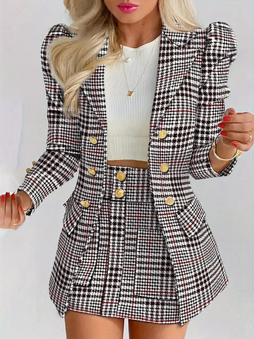 Ladies Fashion Casual Slim Suit Two-piece Plus-size Suit, Plaid Pattern Elegant Skirt Suit With Buttons, Lapel Long Sleeve Suit Jacket And High Waist Skirt, Plus-size Women'S Wear Amazon Don't Sell Lady T Fashions