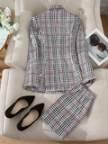 Ladies Fashion Casual Slim Suit Two-piece Plus-size Suit, Plaid Pattern Elegant Skirt Suit With Buttons, Lapel Long Sleeve Suit Jacket And High Waist Skirt, Plus-size Women'S Wear Amazon Don't Sell Lady T Fashions