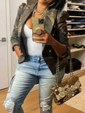 Elegant Women's Camo Print Jacket - Chic Double-Breasted, Long Sleeve Outerwear With Flap Pockets, Polyester, Perfect For Spring-Fall, Cute Jacket Amazon Does Not Sell Lady T Fashions