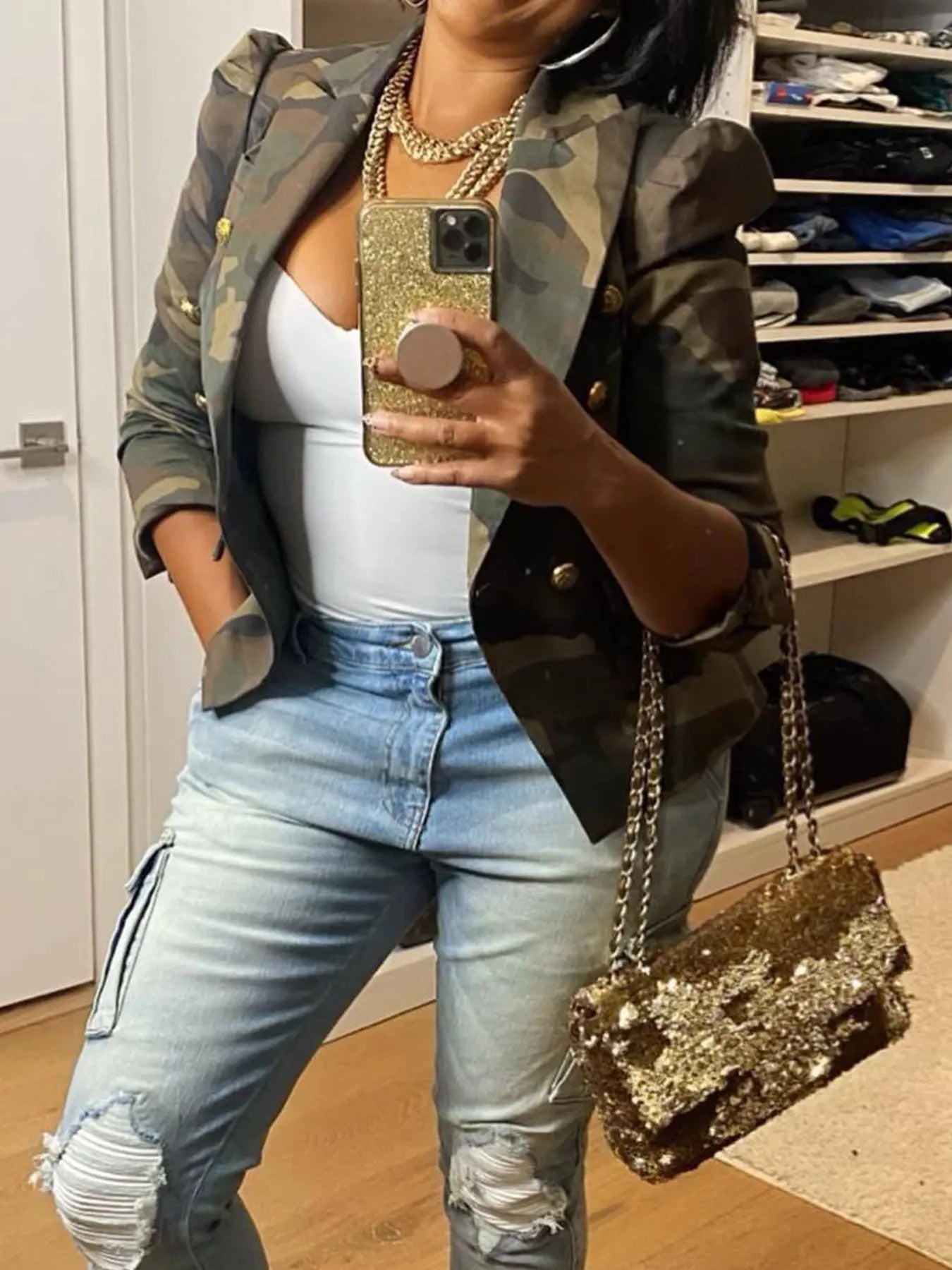 Elegant Women's Camo Print Jacket - Chic Double-Breasted, Long Sleeve Outerwear With Flap Pockets, Polyester, Perfect For Spring-Fall, Cute Jacket Amazon Does Not Sell Lady T Fashions