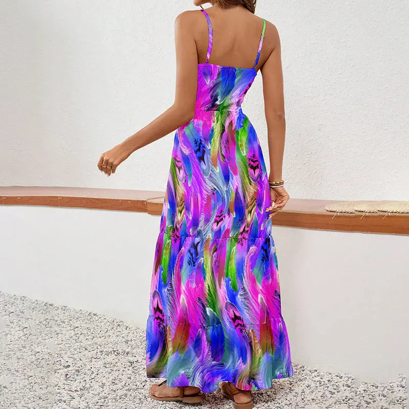 Women's Sleeveless Boho Maxi Dress Spaghetti Strap Floral Sundress Lady T Fashions