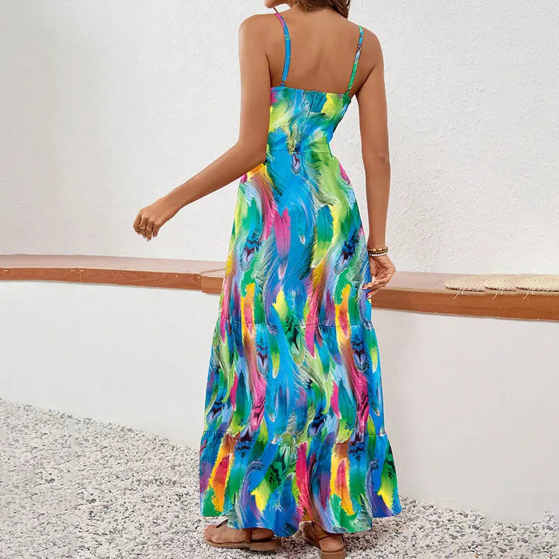 Women's Sleeveless Boho Maxi Dress Spaghetti Strap Floral Sundress Lady T Fashions