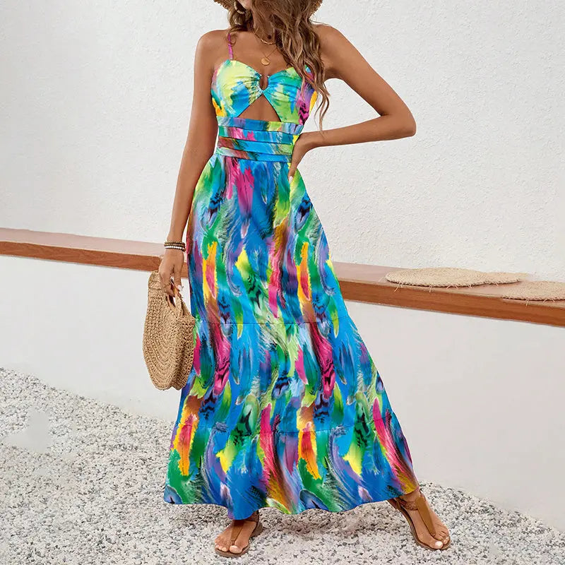 Women's Sleeveless Boho Maxi Dress Spaghetti Strap Floral Sundress Lady T Fashions