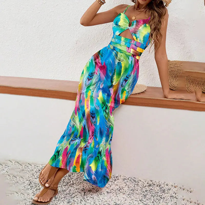 Women's Sleeveless Boho Maxi Dress Spaghetti Strap Floral Sundress Lady T Fashions