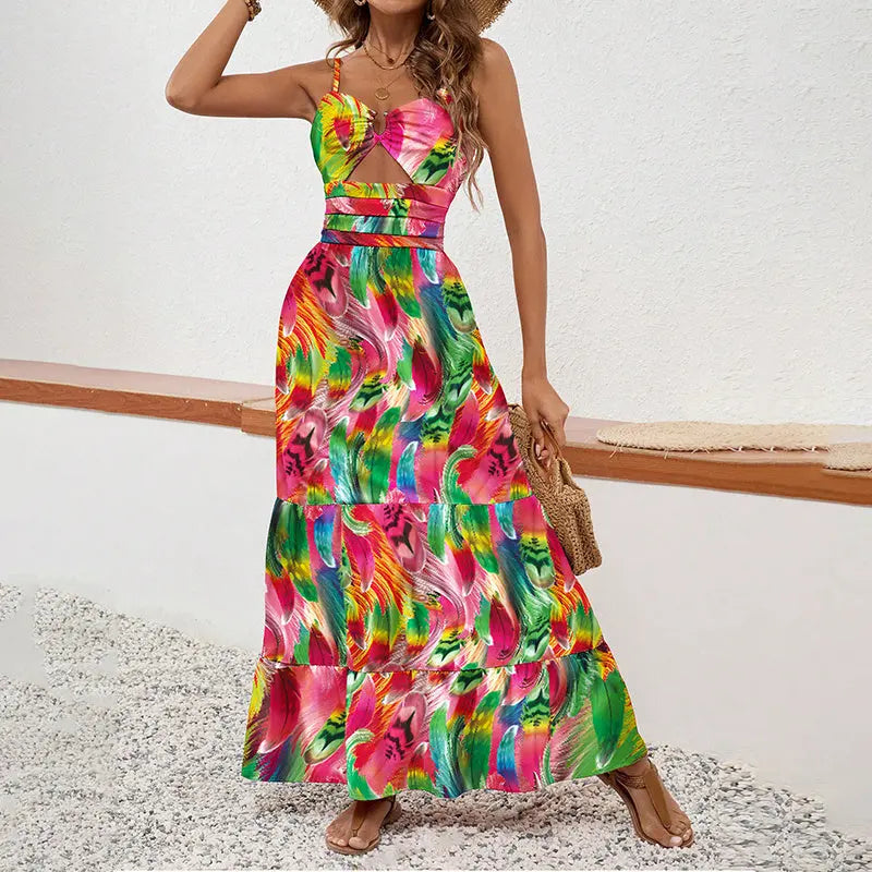 Women's Sleeveless Boho Maxi Dress Spaghetti Strap Floral Sundress Lady T Fashions