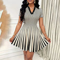 Women's Polo Dress Elegant Striped V Neck Short Sleeve A Line Dresses Lady T Fashions