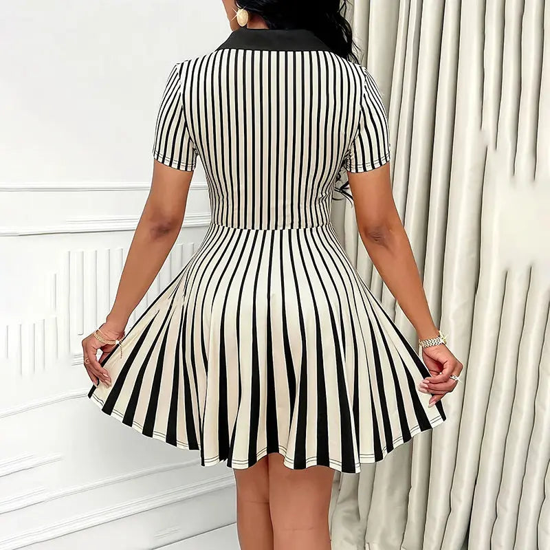 Women's Polo Dress Elegant Striped V Neck Short Sleeve A Line Dresses Lady T Fashions