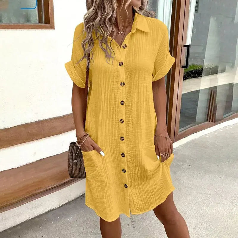 Women's Dress Summer Casual Collar Button Down Short Sleeve Tunic Shirt Dress With Pockets Lady T Fashions