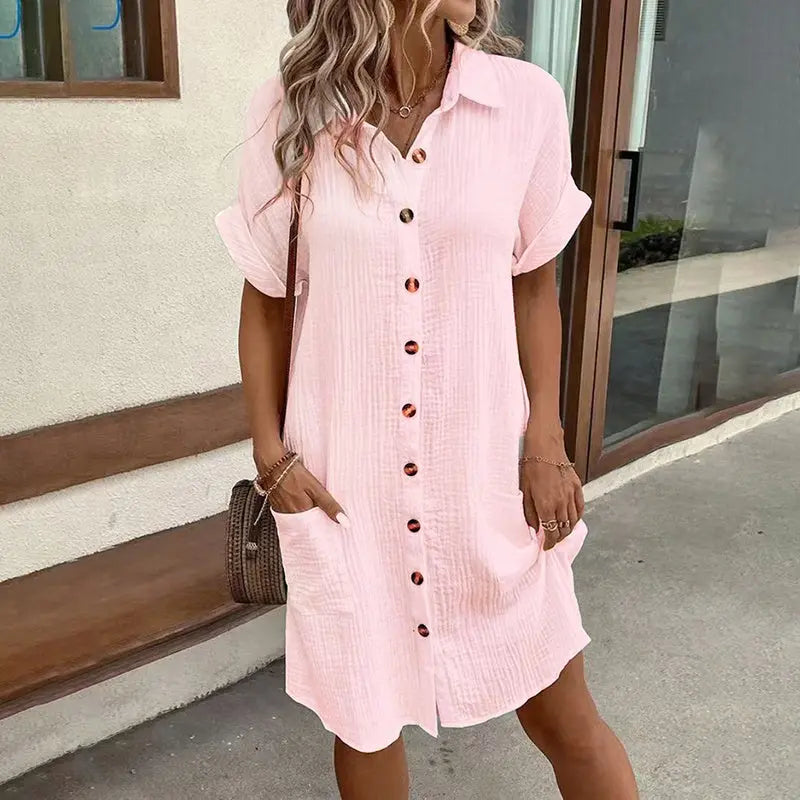 Women's Dress Summer Casual Collar Button Down Short Sleeve Tunic Shirt Dress With Pockets Lady T Fashions