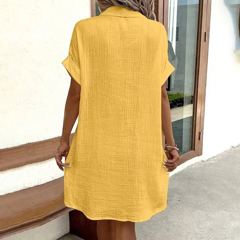 Women's Dress Summer Casual Collar Button Down Short Sleeve Tunic Shirt Dress With Pockets Lady T Fashions